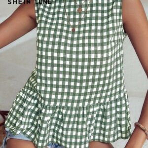 SHEIN Green and White Gingham Peplum Camisole